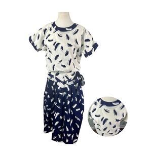 Vintage 70s 80s REO Originals Blue White Cotton Brush Pattern Blouson Dress 12